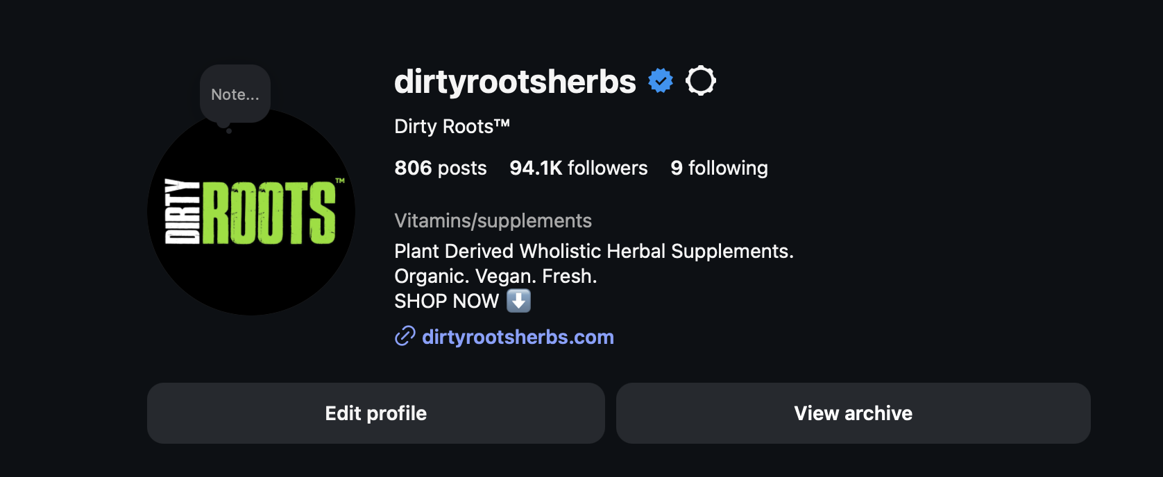 Dirty Roots Herbs Instagram profile with 94.1K followers